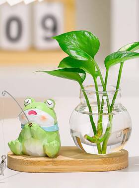 现代风治愈系青蛙钓鱼水培花瓶小猫钓鱼工位桌面摆件摆台装饰花器