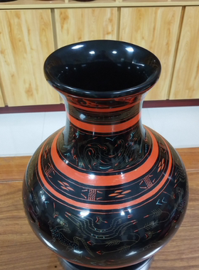 【曾楚漆器】彩绘针刻云鹿纹漆圆瓶仿古汉代中国漆器湖北随州大漆