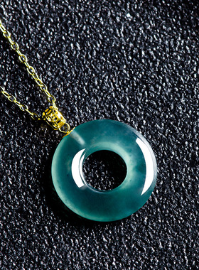 高档天然A货翡翠蓝水甜甜圈玉环吊坠冰种玉石18K金扣挂件女士时尚