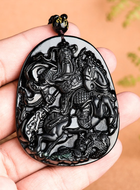 天然正品a货翡翠墨翠关公千里走单骑吊坠冰种玉石项链男女挂件