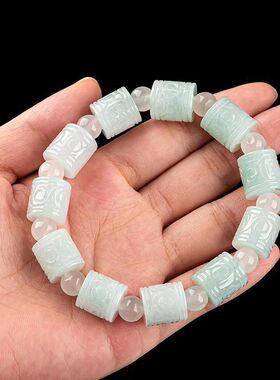 天然正品缅甸A货翡翠刻花桶珠路路通手串冰种玉石手链男女款手饰