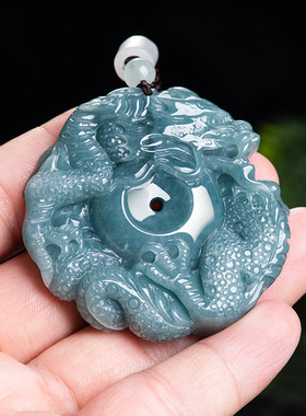天然a货翡翠蓝水龙王保平安龙牌生肖龙吊坠冰种玉石男士挂件女款