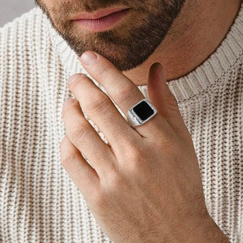 高档天然A货翡翠墨翠方面戒指冰种玉石指环S925银镶男款可调节 - 图2