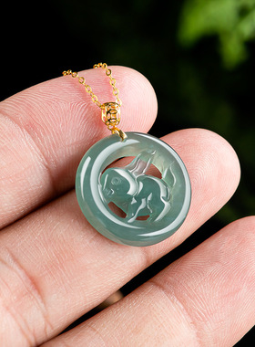 天然A货翡翠蓝水生肖兔吊坠18K金镶嵌冰种玉石挂件可爱女款玉坠