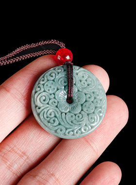 天然a货保真翡翠蓝水仿古雕花平安扣玉石吊坠保平安男士女款挂件