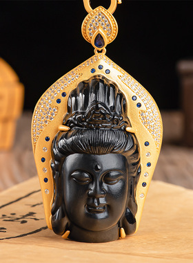 天然正品翡翠A货观音吊坠S925银镶墨玉玉石玉坠高档大气男女款