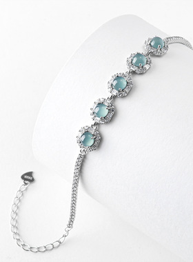 天然A货翡翠蓝水蛋面公主手链S925银镶冰种玉石女款时尚高档手饰