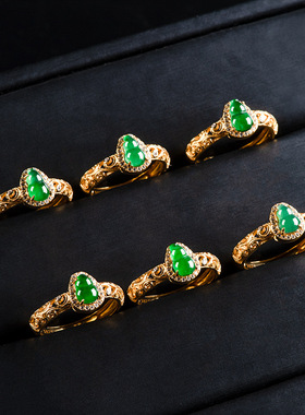 S925银镶嵌天然A货翡翠阳绿葫芦冰种玉石戒指时尚简洁指环女款