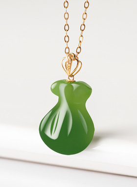 天然老料菠菜绿和田玉碧玉福袋钱袋吊坠18K金镶玉石项链挂件女款