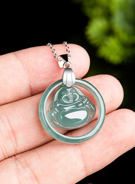 天然a货翡翠蓝水玉环佛公心中有佛吊坠S925银扣冰种玉石男女挂件