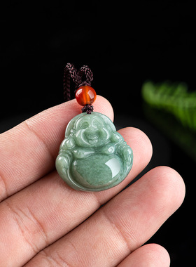 天然正品a货保真翡翠豆绿佛公弥勒佛冰种挂坠玉石吊坠挂件女玉器