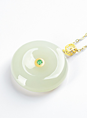 天然正品老料和田玉白玉平安扣吊坠正品18K金镶玉石挂件项链女款