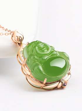 苹果绿老料和田玉碧玉佛公吊坠正品18K玫瑰金镶挂件玉石项链男女