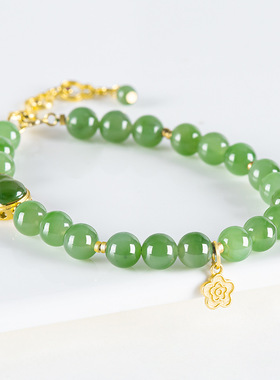 天然老料和田玉碧玉葫芦手链S925银镶手链玉石女款时尚高档送礼