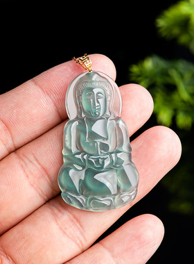 天然A货翡翠18K金扣头蓝水观音玉石吊坠冰种挂坠挂件高端男女款