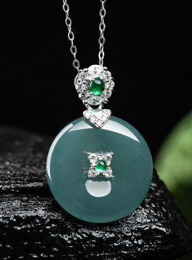 天然正品翡翠A货蓝水平安扣吊坠S925银镶冰种玉石挂件项链女款