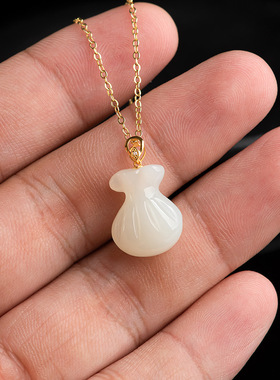 天然老料和田玉白玉福袋吊坠钱袋18K金镶玉石项链挂件男士女款