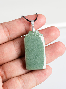 天然正品a货翡翠豆绿无事牌吊坠S925银扣头玉石女款时尚挂件玉器