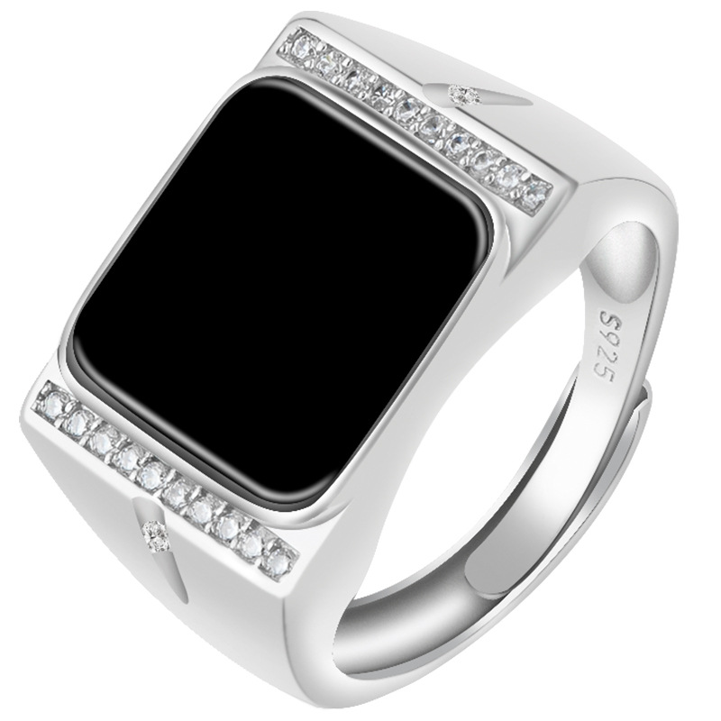 高档天然A货翡翠墨翠方面戒指冰种玉石指环S925银镶男款可调节 - 图3