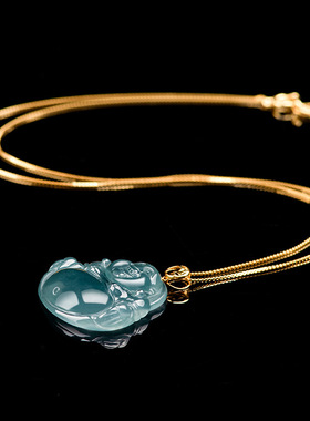 高档天然a货翡翠蓝水佛公大肚佛18K金扣镶冰种玉石吊坠女款挂件