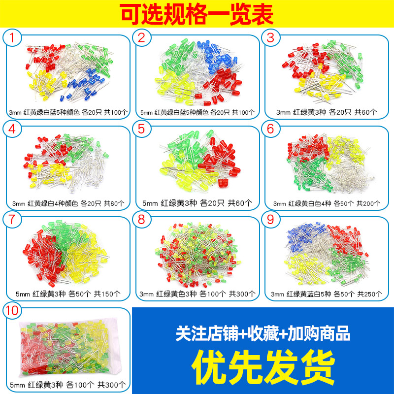 3mm 5mmLED小灯泡发光二极管F3F5红绿黄蓝白色直插指示灯珠元件包 - 图2