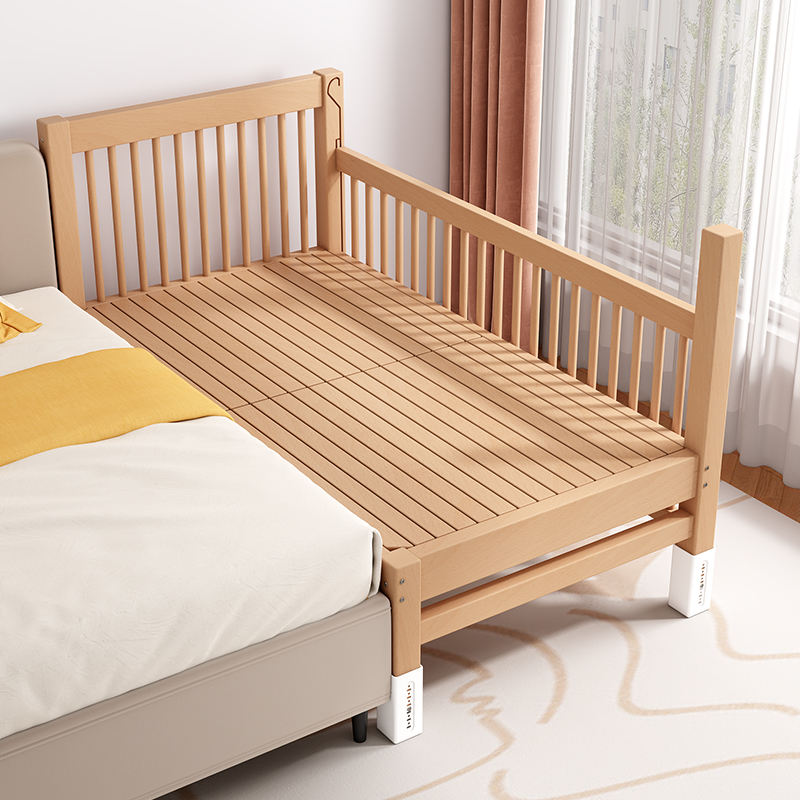 儿童拼接床高低可调婴儿实木加宽床大人可睡定制可升降围栏榉木床 - 图2