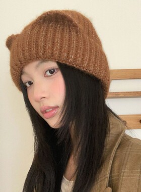 可爱秋冬新款小猫耳朵针织帽女智性甜美风保暖护耳包头帽子冷帽