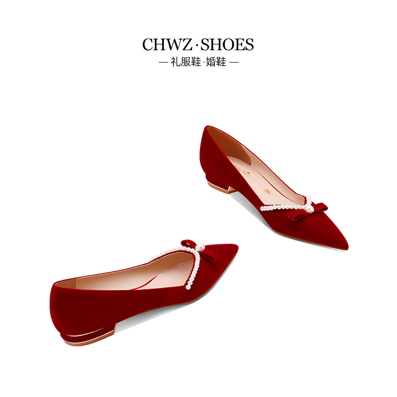 CHWZ红色结婚鞋2024年春季新款秀禾服婚鞋孕妇可穿敬酒平底新娘鞋-图0