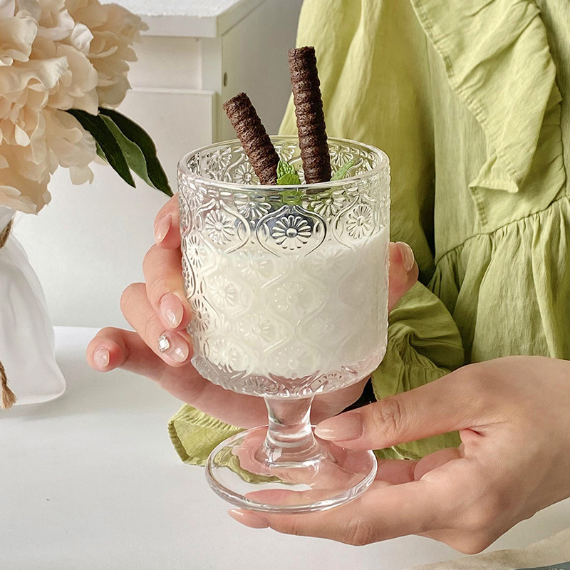 高颜值ins风浮雕玻璃杯果汁杯冰淇淋雪糕酸奶布丁冷饮料高脚杯子,淘宝优惠券,粉丝福利购,淘宝优惠卷