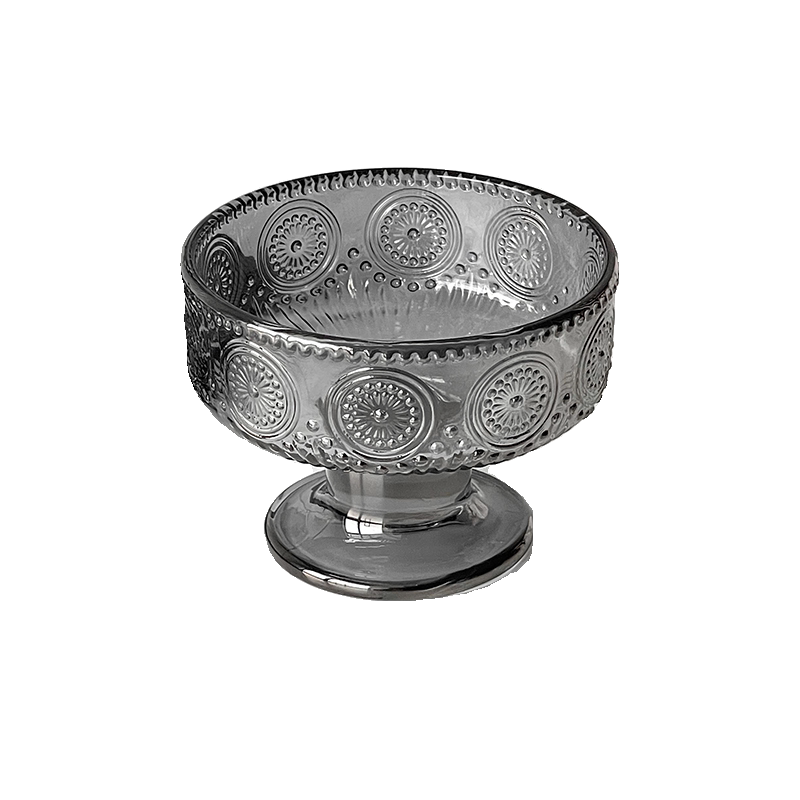 浮雕烟灰甜品碗高颜值家用女生夏天布丁奶昔雪糕冰淇淋高脚玻璃碗