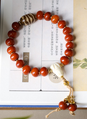 2026上新橘红皮骨头手链 文玩无相佛三通虎牙天珠手串 一件代发