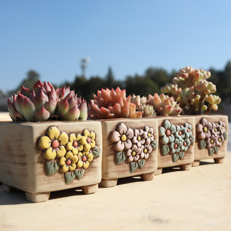 多肉花盆陶瓷韩式四方素烧做旧手绘桌面复古粗陶透气创意个性花器,淘宝优惠券,粉丝福利购,淘宝优惠卷