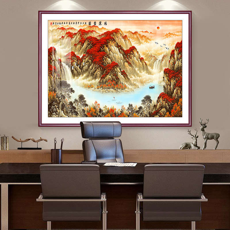 鸿运当头办公室山水画客厅挂画靠山字画国画老板背景墙装饰画壁画_虎窝淘