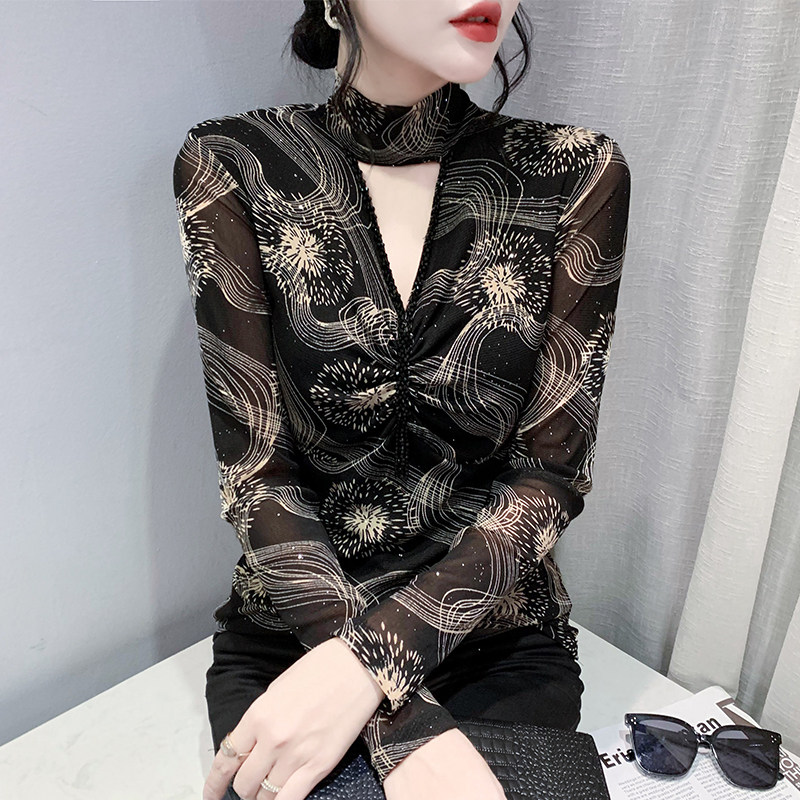 性感镂空V领钉珠T恤女长袖欧货豹纹网纱上衣紧身内搭加绒打底衫潮,淘宝优惠券,粉丝福利购,淘宝优惠卷