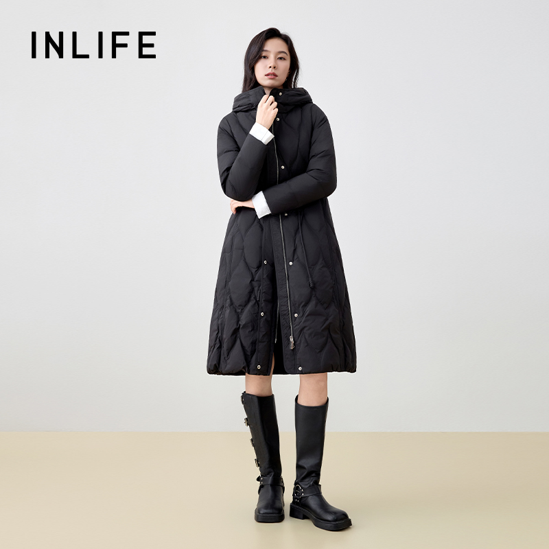 伊纳芙长款收腰连帽羽绒服女25冬季新款时尚加厚保暖过膝鸭绒外套 - 图2