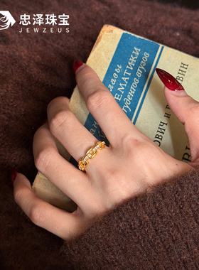 黄金点钻链条戒指女 999足金镶嵌几何指环简约时尚戒子送女友礼物