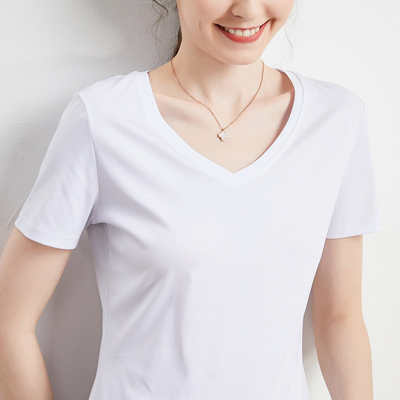 定制丝光棉v领t恤女2020春夏新款 祥绒腾跃T恤