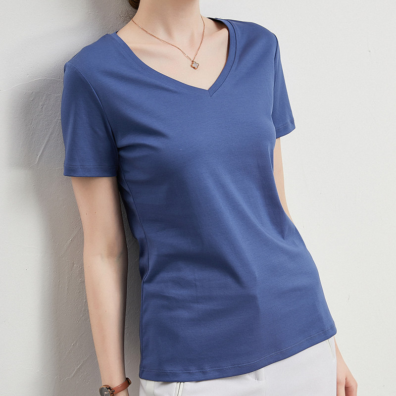 定制丝光棉v领t恤女2020春夏新款 祥绒腾跃T恤
