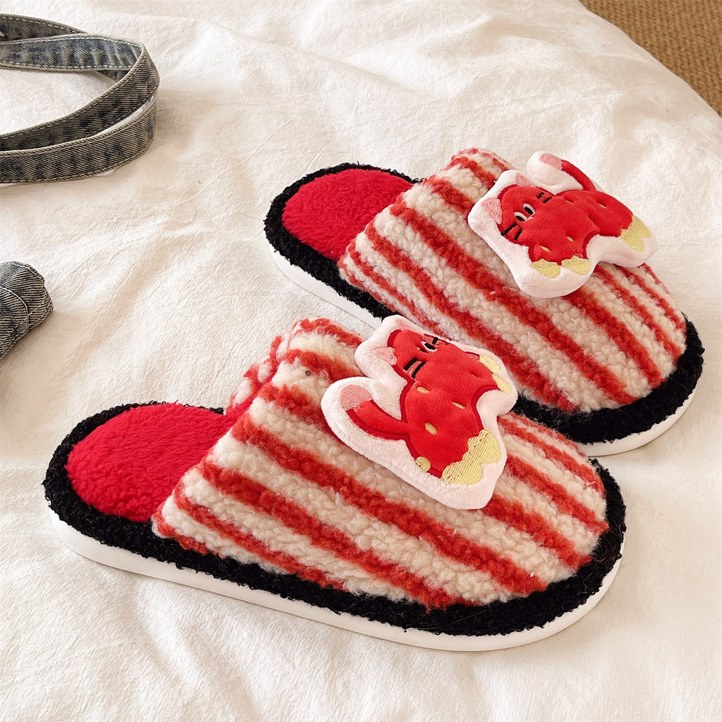 条纹棉拖鞋女冬季室内居家保暖毛绒可爱卡通猫咪厚底防滑包头拖鞋,淘宝优惠券,粉丝福利购,淘宝优惠卷