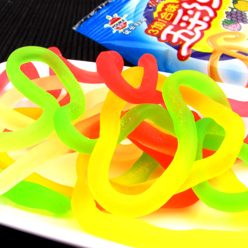 优卡五味彩绳五彩绳软糖qq糖橡皮糖绳子糖果汁糖8090儿时怀旧零 - 图1