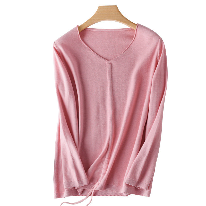 v领纯棉麻秋季宽松长袖抽绳针织衫 母耕花毛针织衫