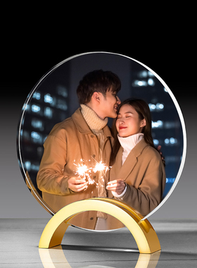 高档圆形水晶照片摆台定制婚纱儿童宝贝成记录diy金属做相框情侣