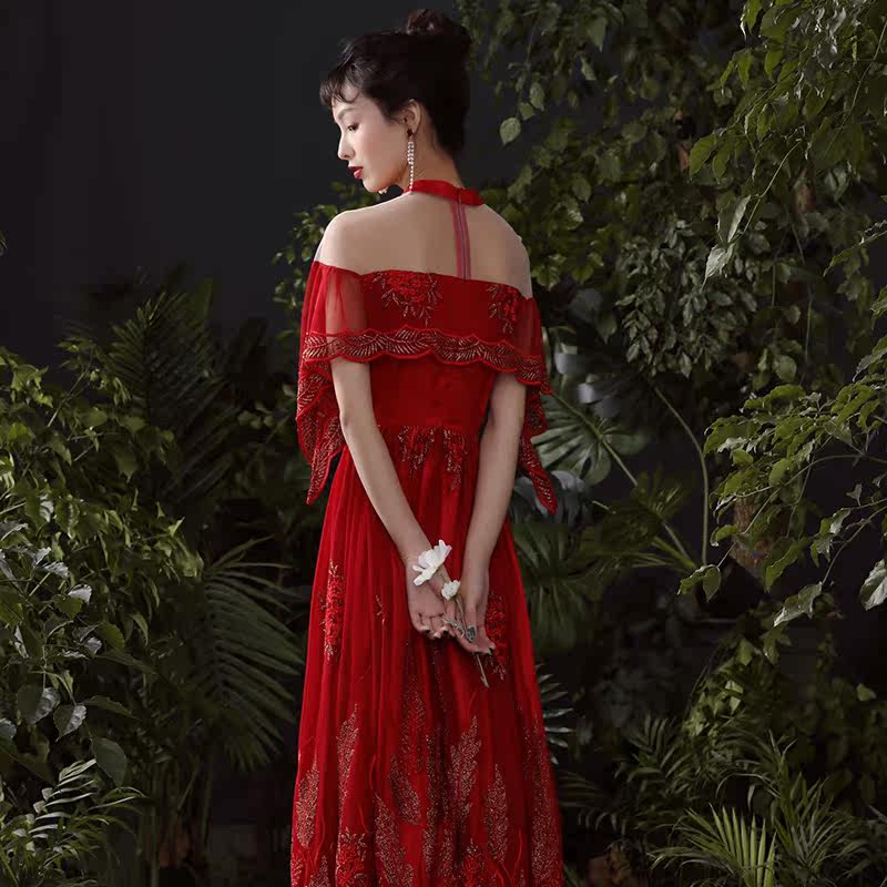 槿爷秋冬新款藤花刺绣红色长连衣裙 槿爷旗舰婚纱