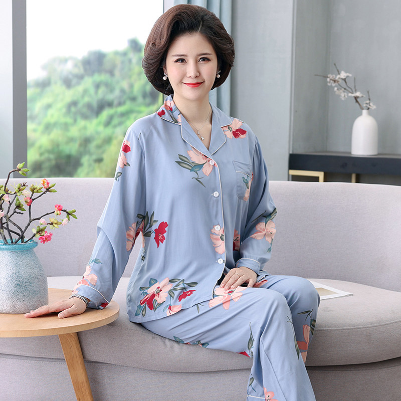 春秋冰丝长袖套装人造棉开衫襟睡衣 俞兆林优云睡衣/家居服套装