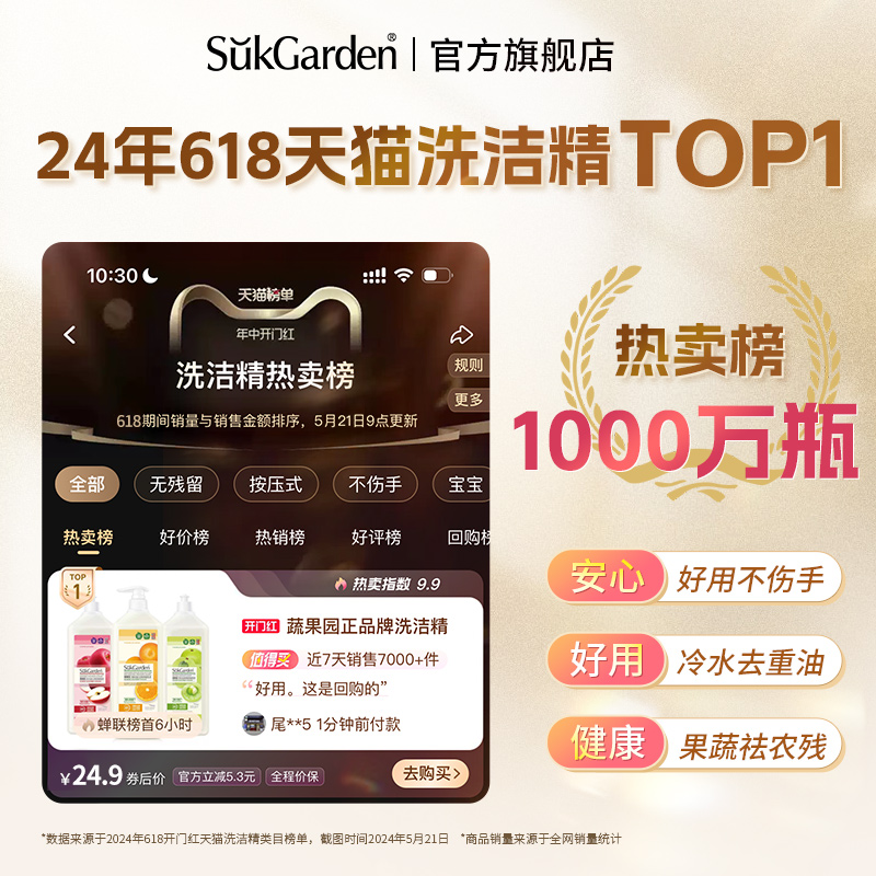 蔬果园食品家用级不伤手洗洁精洗碗洗水果蔬菜家庭装清洗剂餐具净
