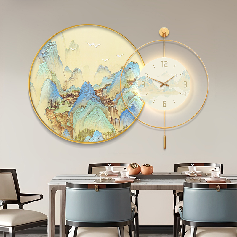 新中式千里山河图客厅餐厅装饰画玄关山水画现代挂钟钟表组合挂画