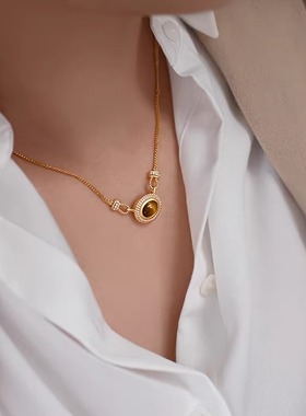 原创纯银虎眼石法式复古锁骨链