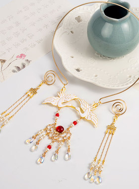 璎珞古风项圈景泰蓝流苏项链汉服明制配饰超仙飞鹤耳环古装饰品