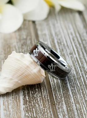 热销饰品内镶相思木纹乌龟海龟图案钛钢戒指手饰钢色木纹乌龟