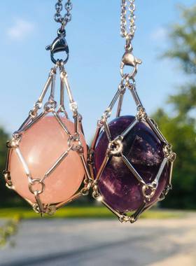 欧美跨境饰品新款不锈钢金属竹节编织网兜囚笼吊坠配天然水晶原